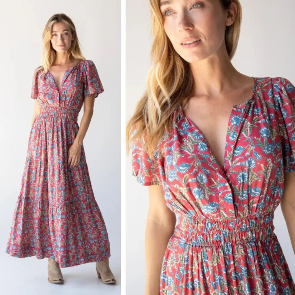 Natural Life Red Olive Leaf Bella Maxi Dress Size Medium 23183